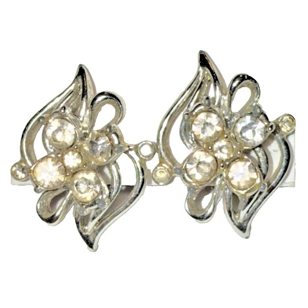 Abstract Silver Tone Clip On Earrings with Rhinestone Detail Vtg J-6I‎